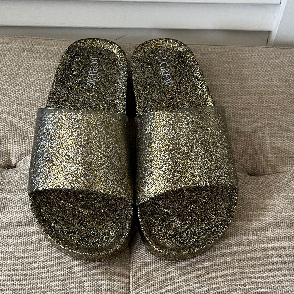 J. Crew Glitter Slide Sandals in Metallic Gold
